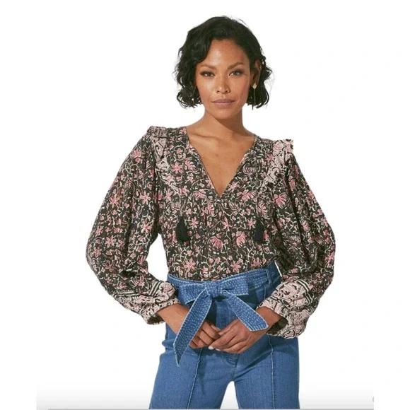 CLEOBELLA NWT Evereve Brynlee Black Pink Org Cotton Metallic Print Blouse // L - Picture 2 of 16